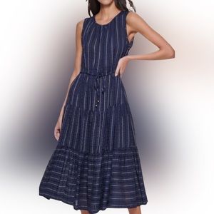 Calvin Klein Navy Blue with  striped Fit and Flare Midi Dress Size 14